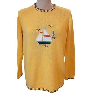 Vtg Sag Harbor Yellow Sailboat Embroidered Knit Sweater Womens Large Novelty